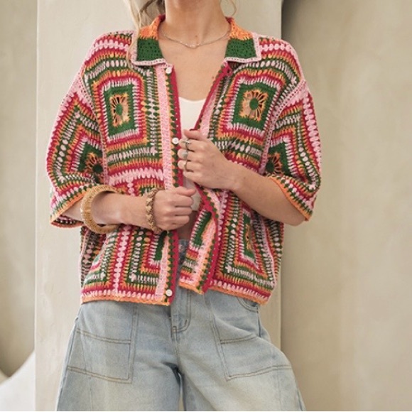 Blue B Collection Multi Color Short sleeve Crochet Granny Square sweater - Picture 2 of 8